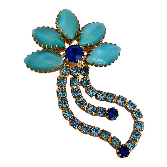 Vintage Brooch & Earrings Set Rhinestones Blue Demi-Parure MCM 9B - Picture 8 of 11